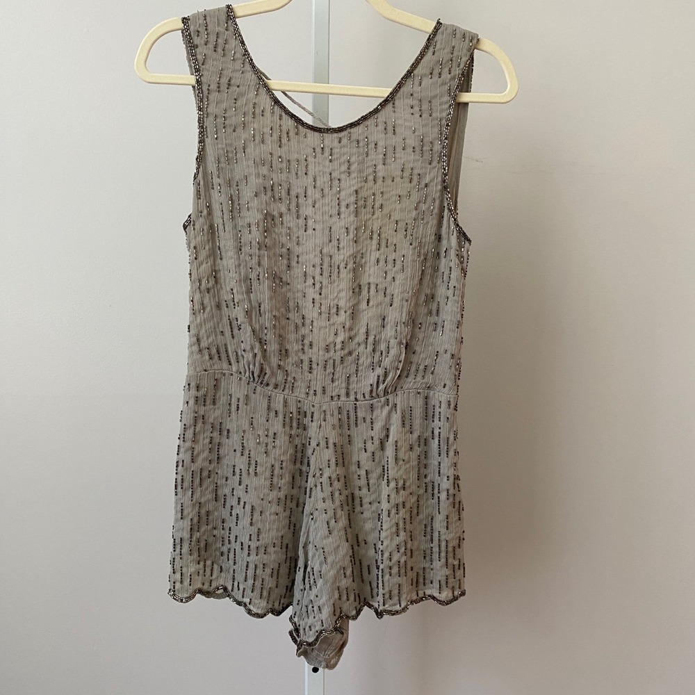 Free People 0 Gray Romper Beaded Scalloped Hem Open Back Boho Festival Sparkle